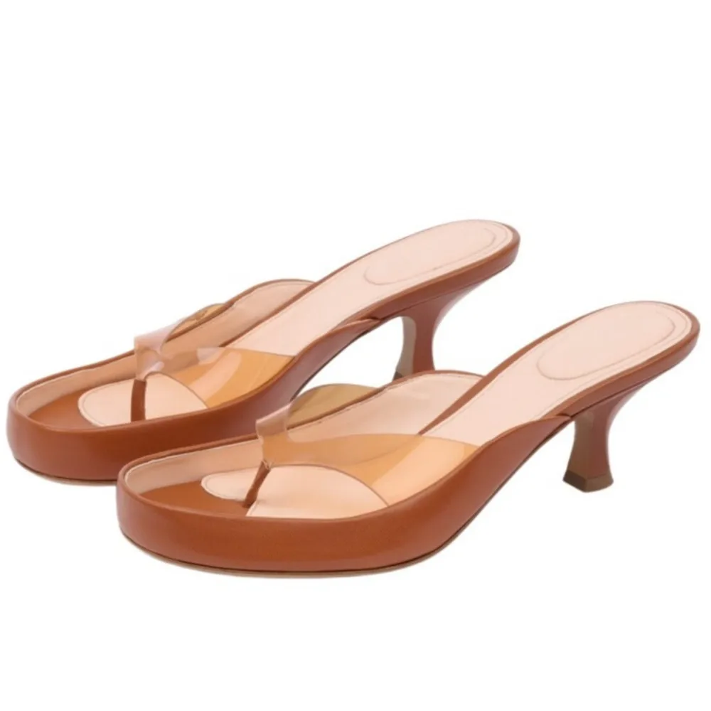 Women Gold Satin Thong Mules Clear PVC Strap Square Toe Kitten Heel Sandals Two Tone Blue Heel Slip On Summer Party Slides view 6