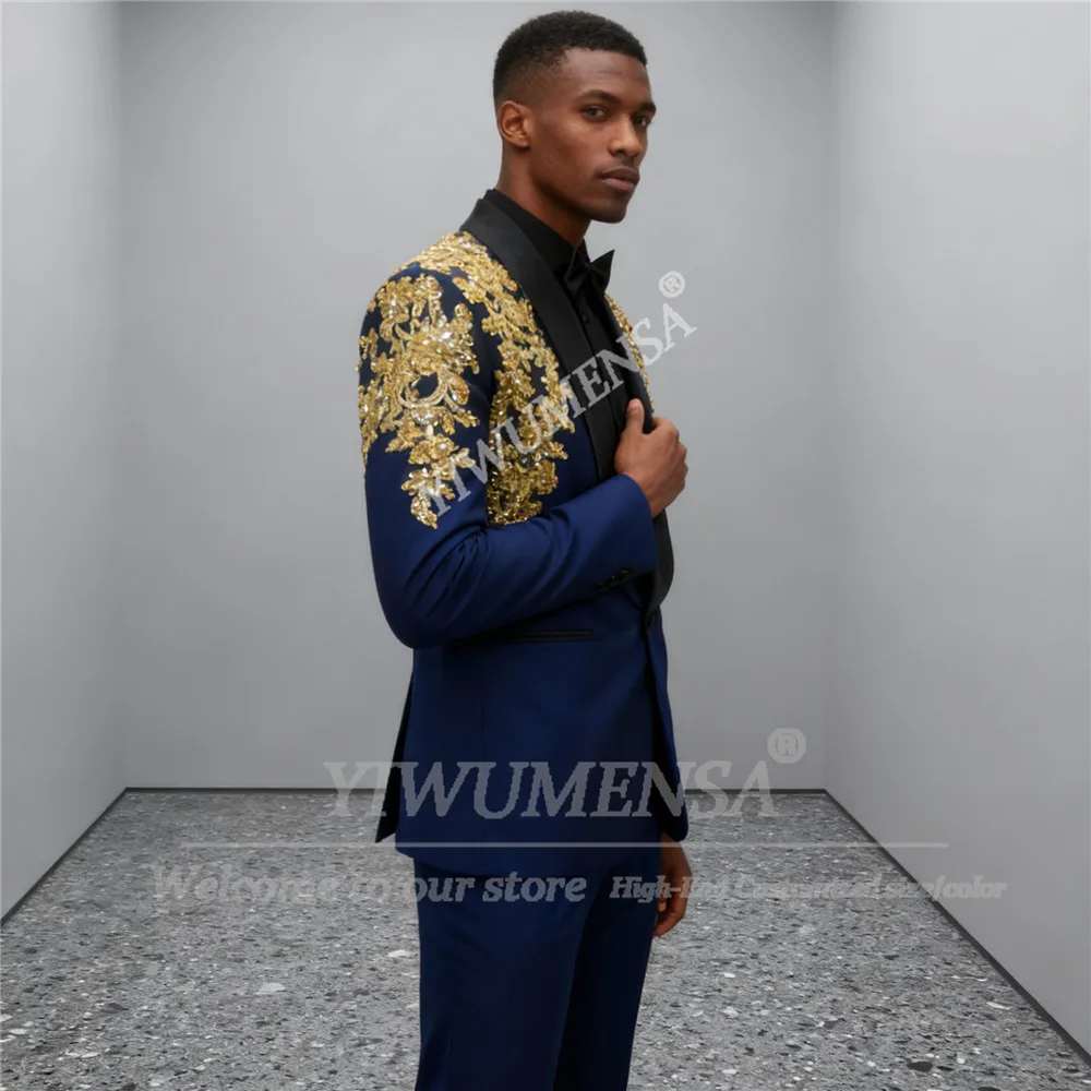 

Мужской модный костюм с вышивкой бисером, наряд для свадьбы, комплект из 2 предметов, черная шаль с лацканами, пиджаки для выпускного вечера, индивидуальные смокинги для жениха