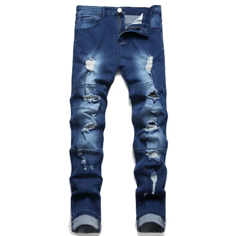 Foreign Trade Denim European and American High Street Tide Brand Broken Hole Slim Fit Small Feet Elastic Jeans Men's Slim