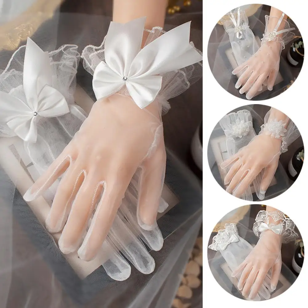 Egelant Mesh Bow Pearl Bride Dress Gloves Wedding Accessories Women's Gloves Plain Short Lace Gloves Dress Accessorie Sexy 1pair