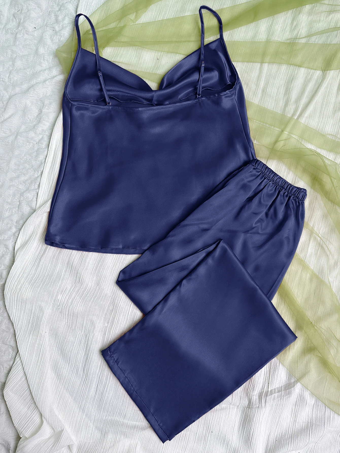 Solid Satin Pajama Set  V Neck Cami Top   Elastic Waistband Pants  Women's Sleepwear  Loungewear