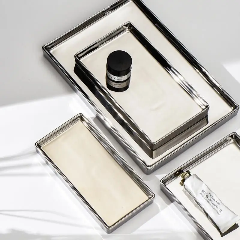 xx-Silver Rectangular Ceramic Tray Storage Decoration Dresser Cosmetics Jewelry Plate Hotel Bathroom Toiletries Tray Ornaments