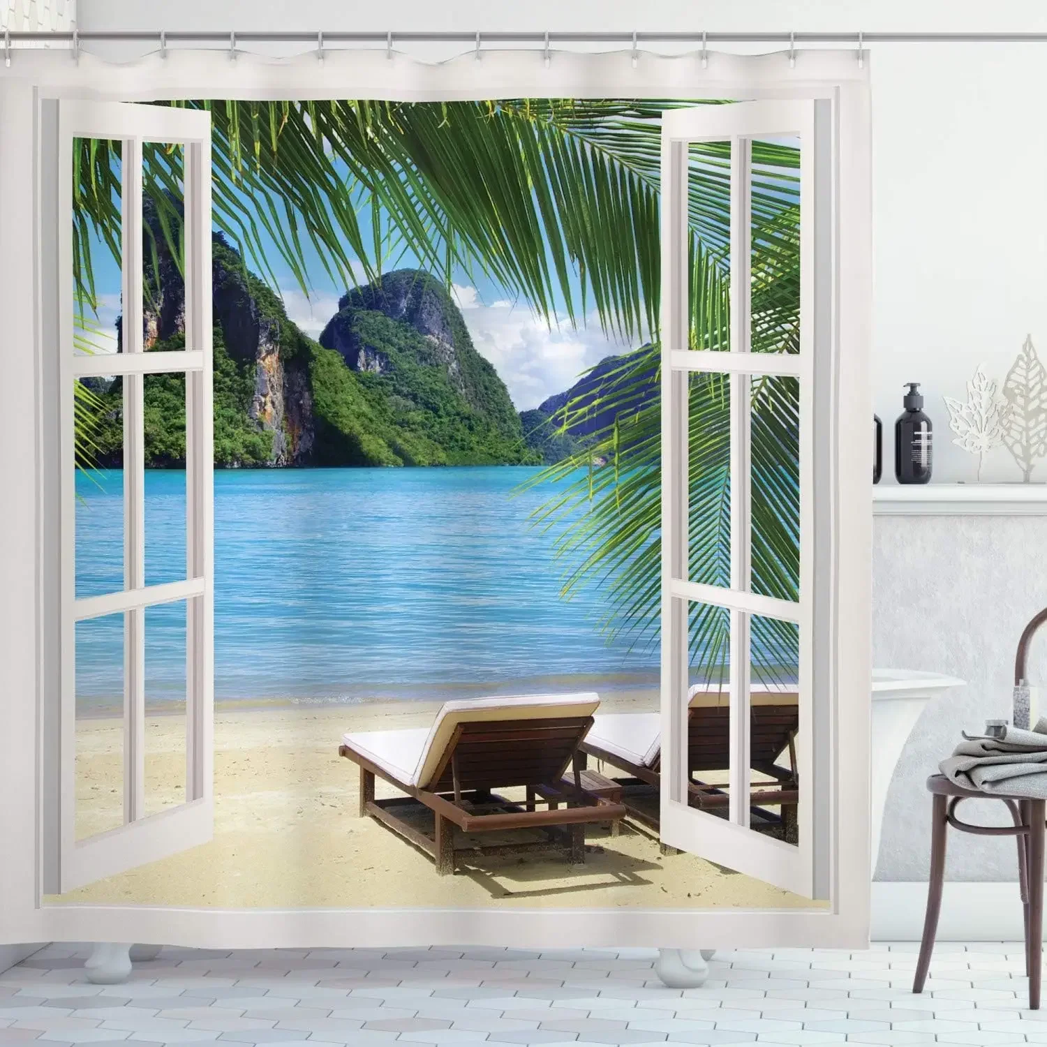 Cortina de Ducha con Diseño Oceánico, Playa, Palmeras Tropicales, Tortuga Marina, Gato, Velero, Flamencos, Coral y Conchas, Decoración para Baño