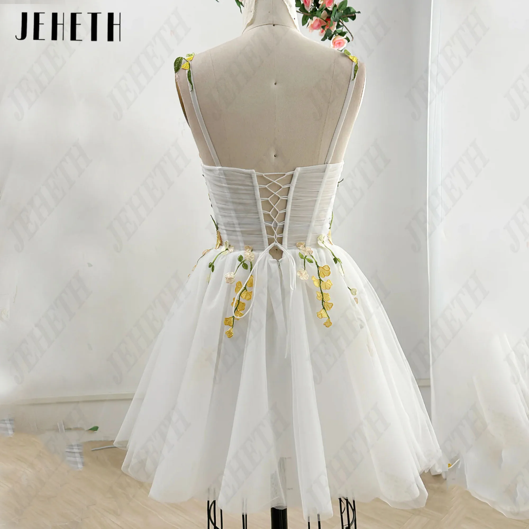 JEHETH Mini Flowers Prom Dress A-Line Embroidery Spaghetti Straps Tulle Lace Up Sleeveless Above Knee Backless Vestidos De Gala