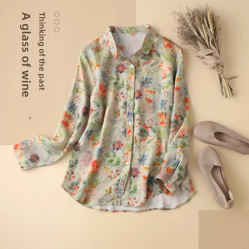 Floral Print Long Sve Women's irt Large Size Linen Cotton Blend Commute Sle  Collar Button up Regular Fit irt
