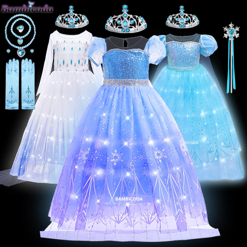 

Elza Princess Costume for Girls Halloween Carnival Party LED Light Dress Up Kids Birthday Cosplay LED Dress Children Vestidos