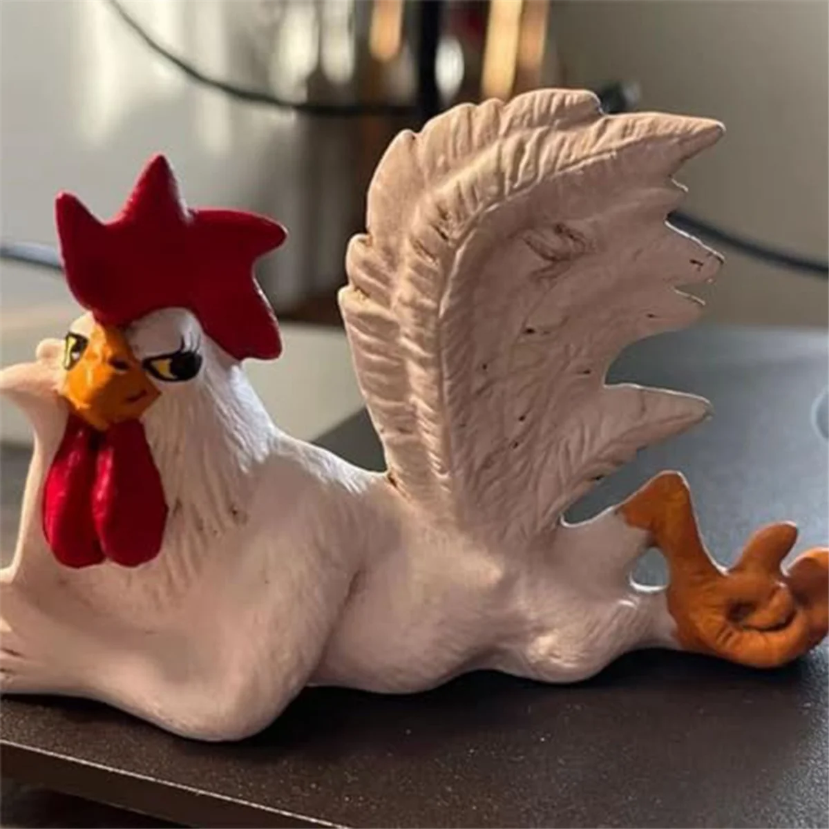 Chicken Rooster Decor Statue, Small Resin Cocks Figurine Sculpture, Mini Funny Side Lying Winking Cocks Table