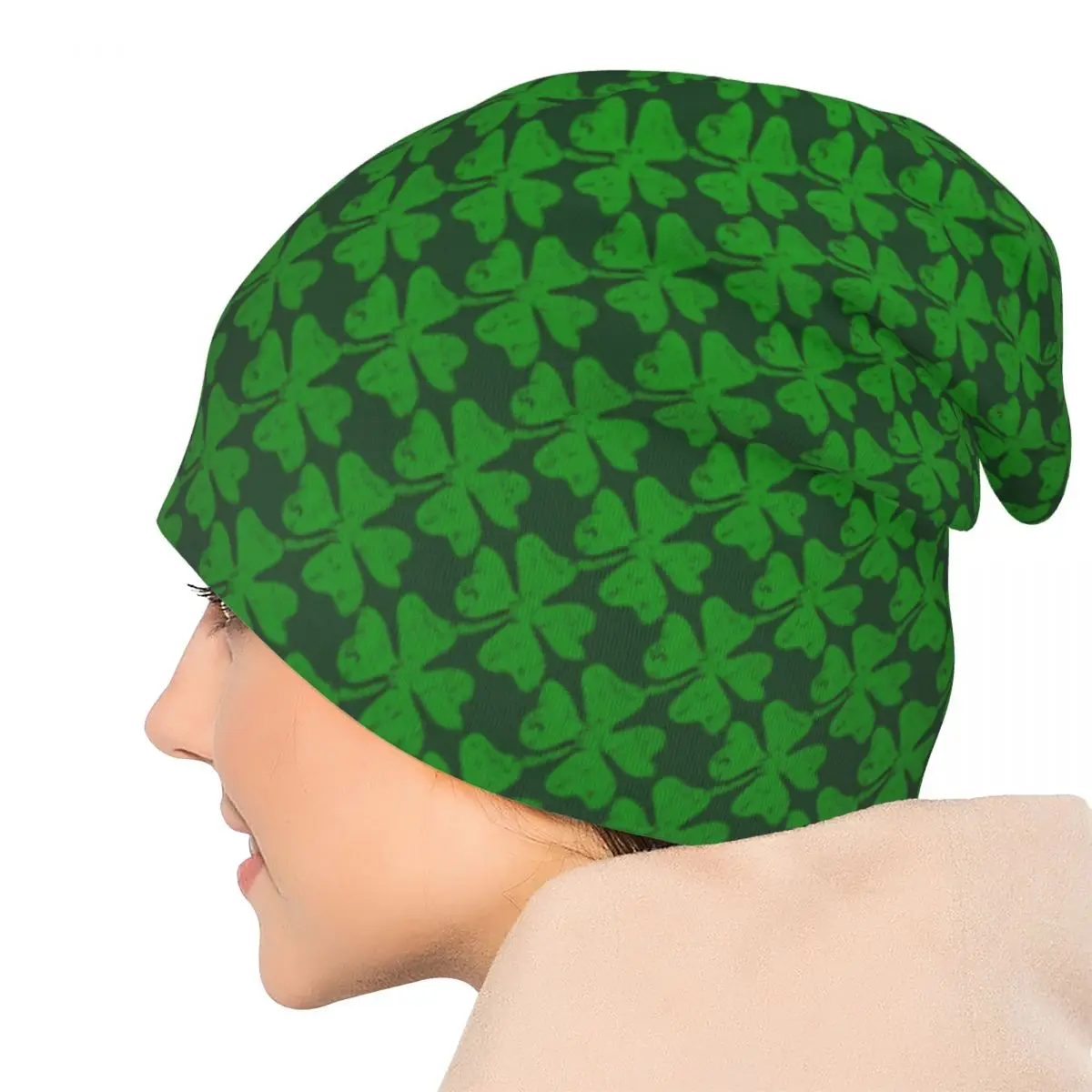 Shamrock Print Bonnet Hats 4 Leaf Clovers Knitted Hat Female Male Casual Warm Soft Beanie Hats Autumn Gym Custom Caps