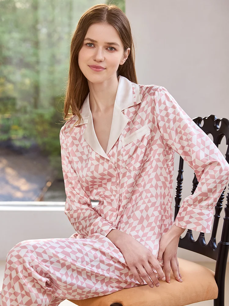 Luxurious Geometric Print 100% Mulberry Silk Pajama Set Soft & Smooth Long Sleeve Trousers Pajamas Cardigan Loungewear Nightwear