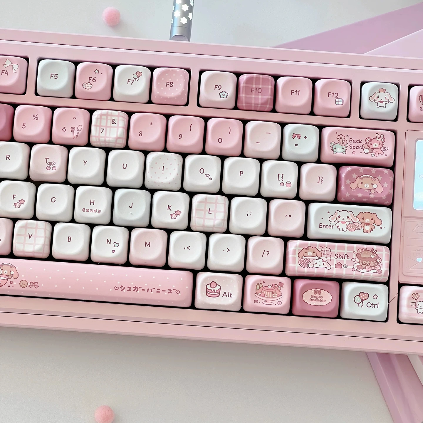 Kawaii Sanrio Sugarbunnie Pink Keycaps 130-Key Original MOA Profile PBT Sublimation Keycap Set for MX Switch Mechanical Keyboard