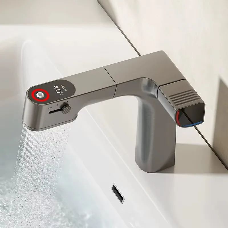 Basin Faucet Pull-out Digital Display Full Copper Filter Hot and Cold Faucet