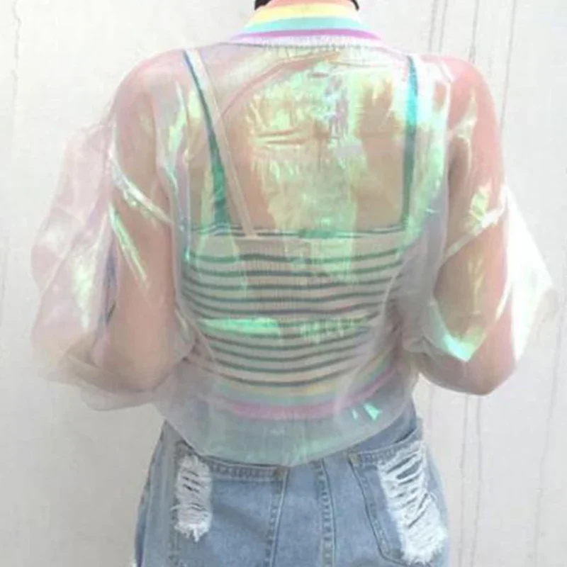 Fashion Woman Iridescent Laser Transparent Coat Jacket Holographic Coat Rainbow Baseball Windbreaker Coats Female Clothing