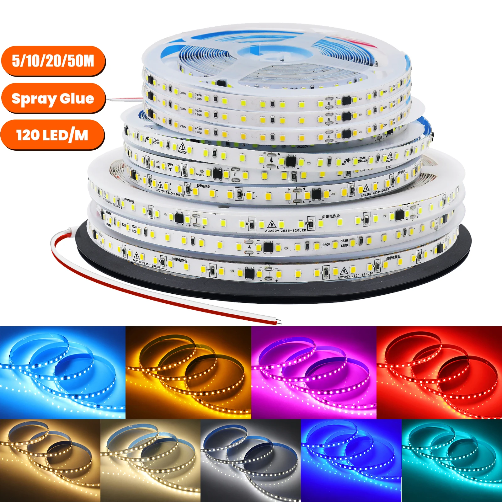 

220V LED Strip Light 5M 10M 20M 50M Flexible LED Tape with Adhesive Tape White Warm Natural Ice Blue Pink Yellow Green