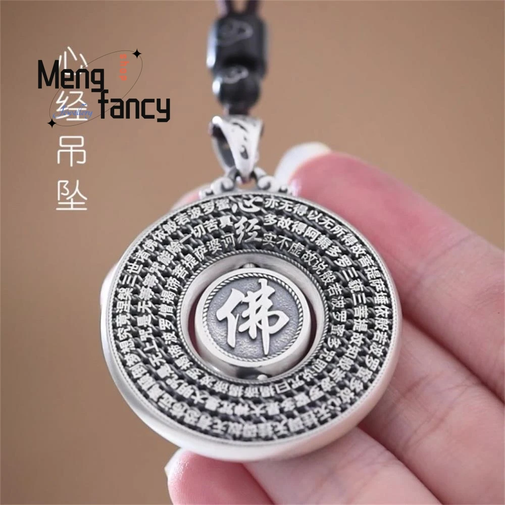 Full Silver 999 Turning Buddha Lotus Heart Sutra Peace Buckle Pendant Double-sided Engraving Ethnic Vintage Style Holiday Gifts