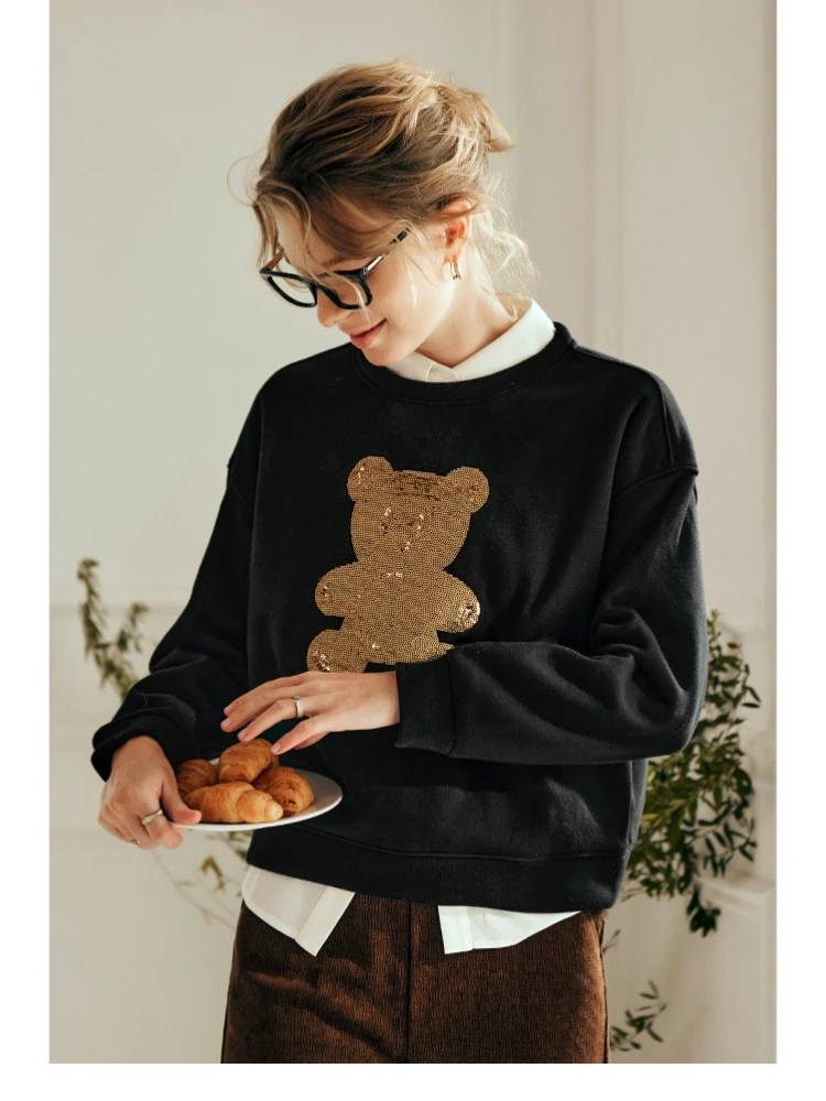 OLrain Women's Cartoon Sweatshirts 2025 Autumn New O-neck Long Sleeve Pullover Solid Sequins Female Clothing Elegant O21DR60202