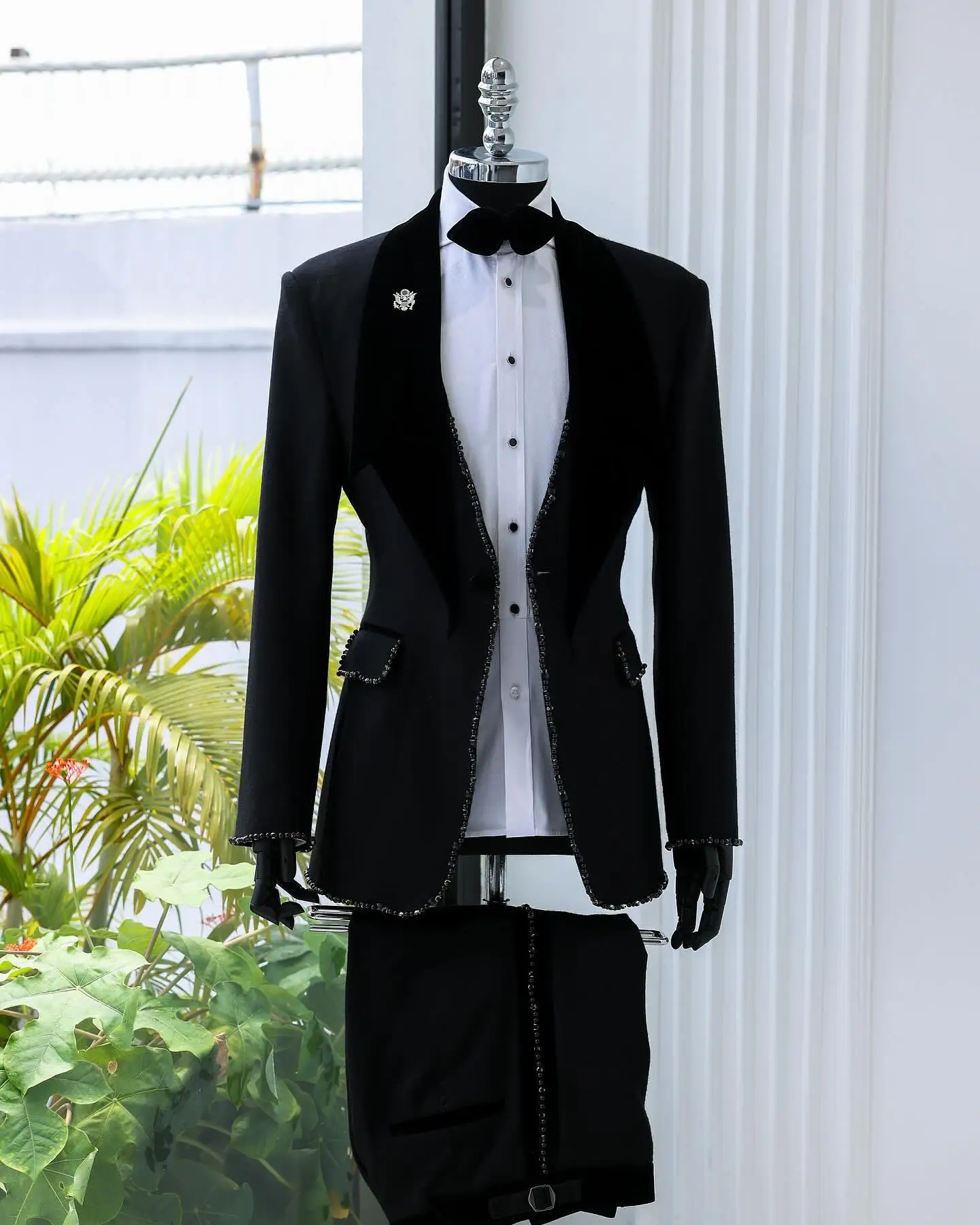 

Crystals Black Men Suits Set 2 Pieces Blazer+Pants Trousers Wedding Tuxedos Jacket Formal Office Business Male Red Carpet Coat