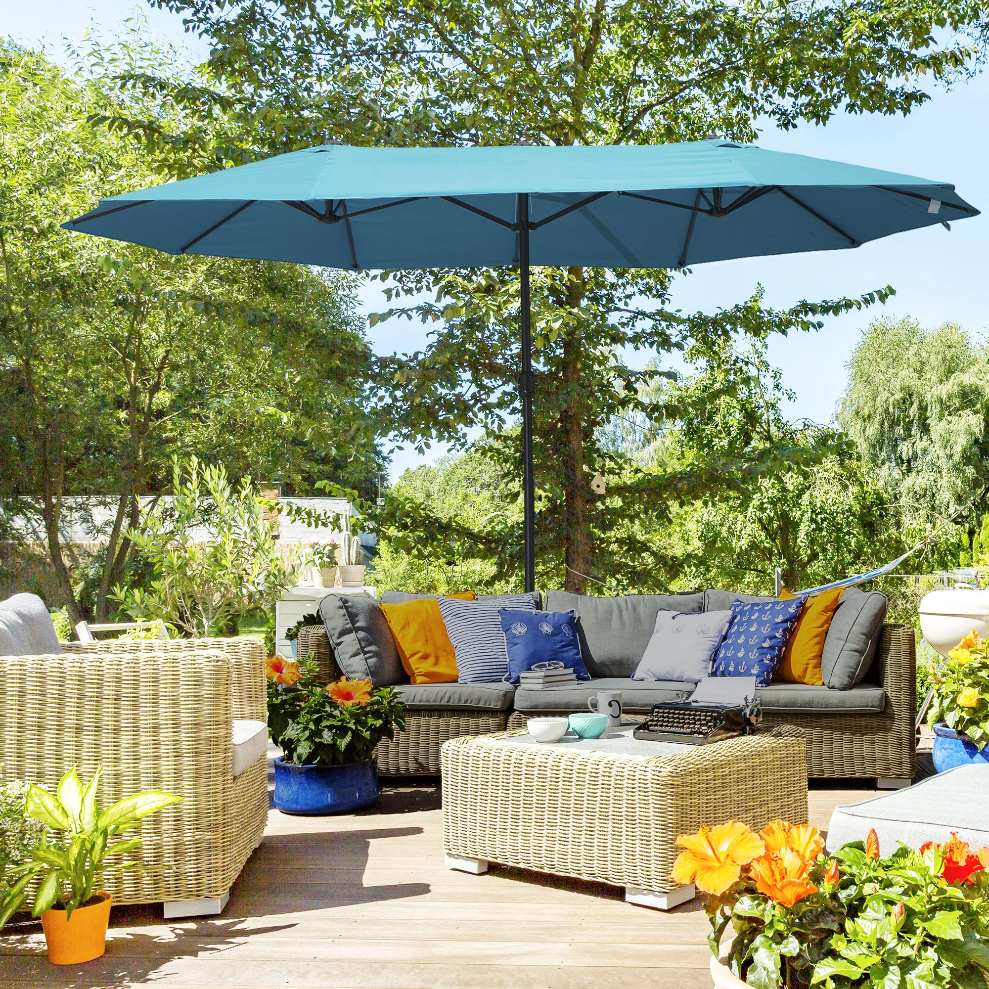 Extra Large 15ft Patio Umbrella, Double-Sided Outdoor Umbrella with Crank Handle and Air Vents for Backyard, Deck, Pool, Market, Blue