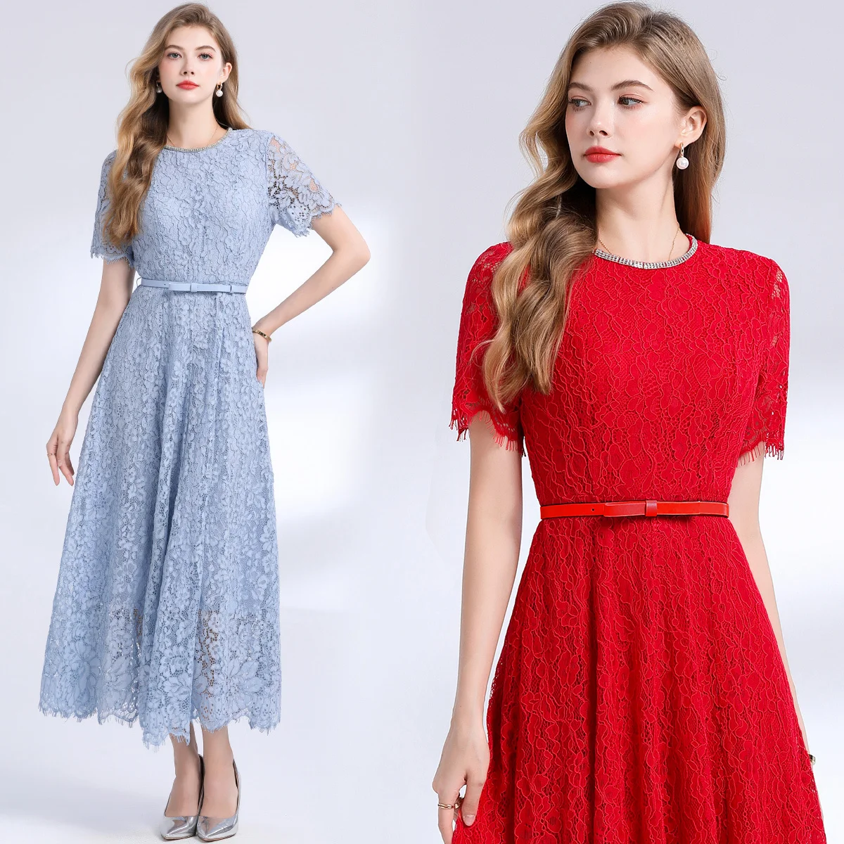 حجر الراين التطريز مساء رسمي الدانتيل فستان طويل المرأة الصيف قصيرة الأكمام الكروشيه الجوف خارج فساتين متوسطة الطول الأميرة الحلوة