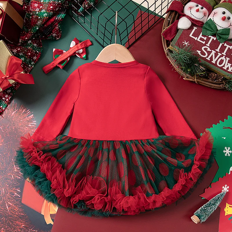 Christmas New Dress Baby Long-Sleeved Halter Frock Children Mesh Cartoon Skirt Newborn Party Clothes New Girls Bow Tie Dresses