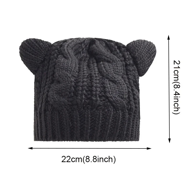 Chapéus de malha Kawaii Cat Ear para mulheres, monocromático, talões de crochê, anime Gorros, chapéu de inverno feminino, boné de lã kawaii