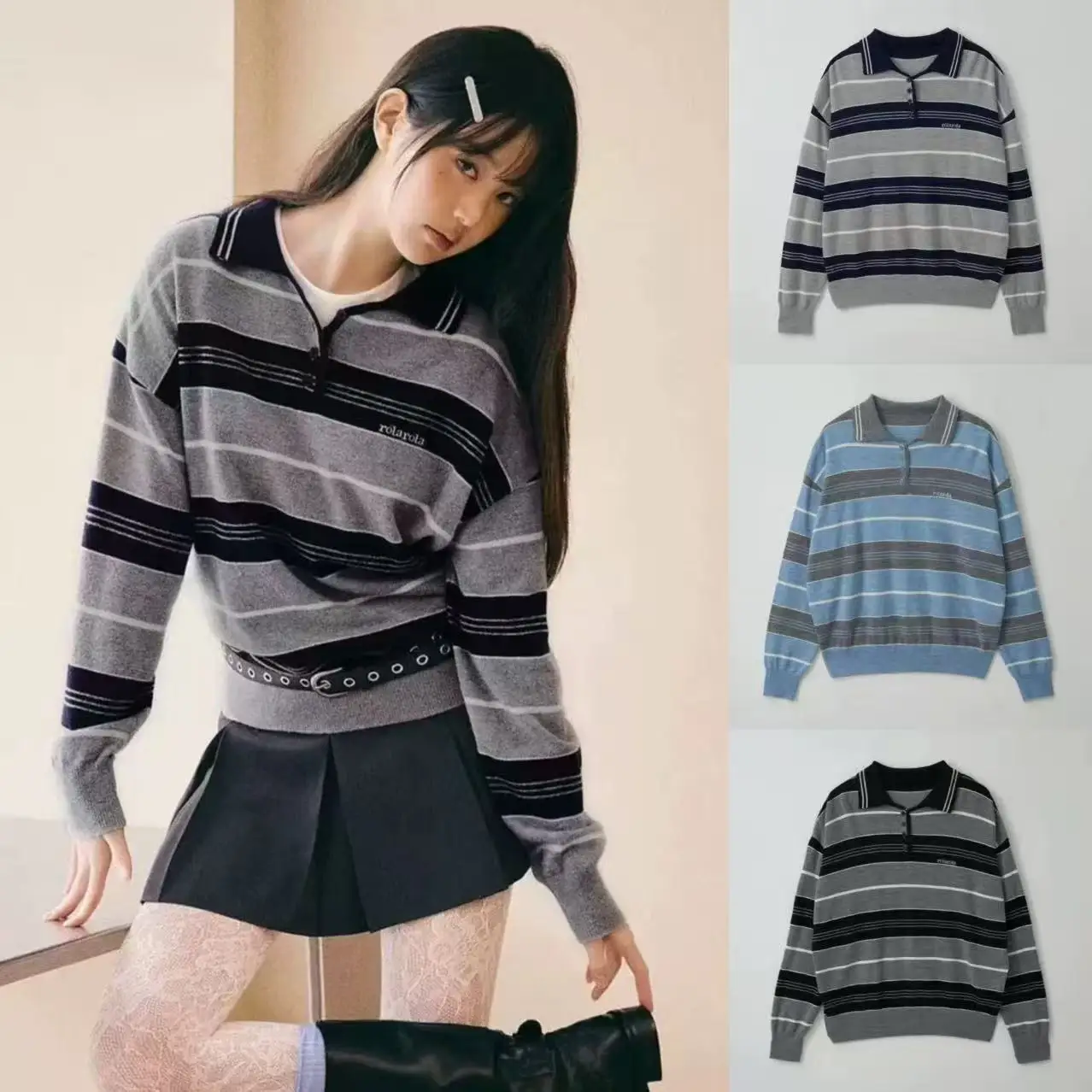 

Повседневный свободный вязаный свитер в полоску, женский длинный свитер для колледжа, све, брендовый трикотаж Faion ROLAROLA