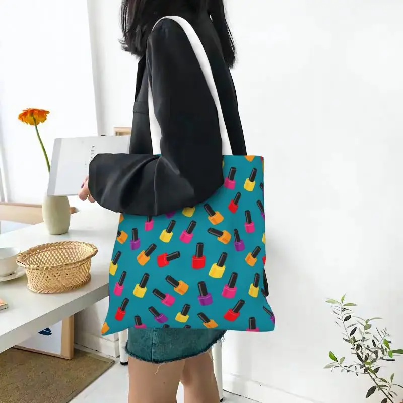 Fashion Pretty Nail Polish Bottles Shopping Tote Bags Recycling Manicurist Manicure Canvas Groceries Shoulder Shopper Bag