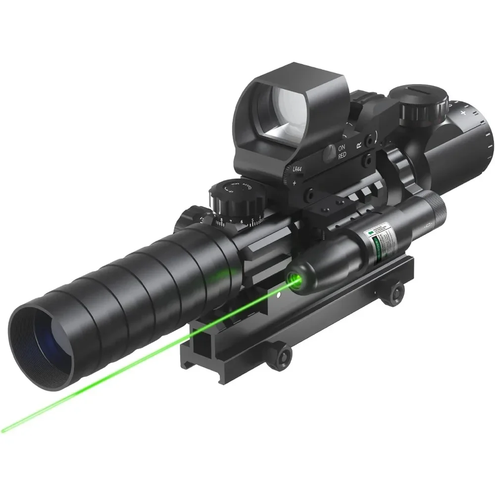 

Four in One Rifle Sight Combination, 3-9x32 Rangefinder Sight, Red and Green Dot Sight, Laser and 14 Slot Riser, Hunting Scope
