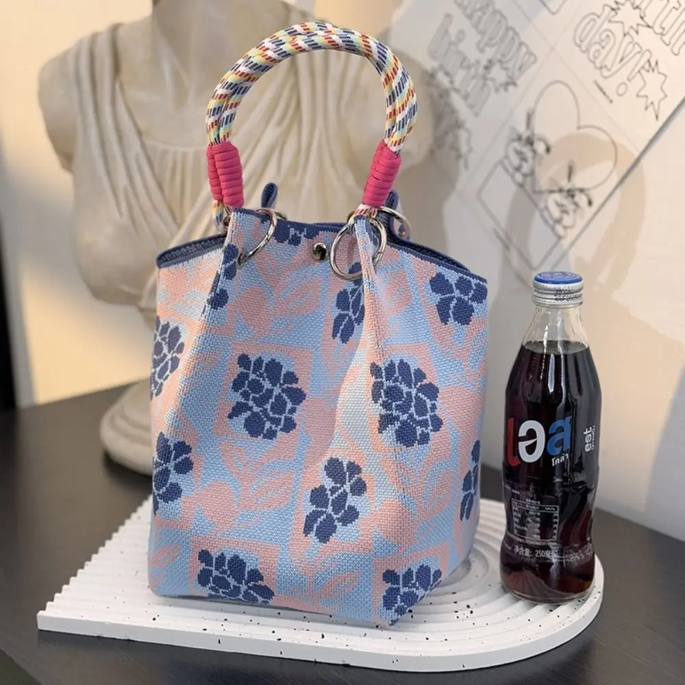 Fashion Cartoon Knitted Bucket Bag Large Capacity Handmade Wrist Bag Woven Ring Buckle Shoulder Bag for Women Girls