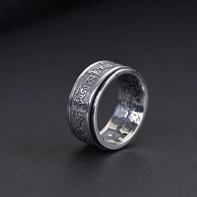 925 sterling silver retro creative design six-character mantra ring for men women Thai silver ethnic style traditional wild ring