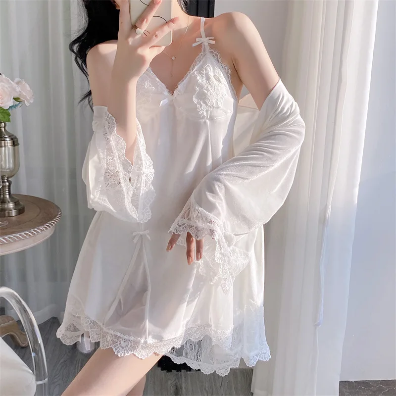

Sexy White Velvet Bride Wedding Robe Nightgown Set Patchwork Lace Nightdress Lingerie Autumn Winter Velour Homewear Lounge Wear