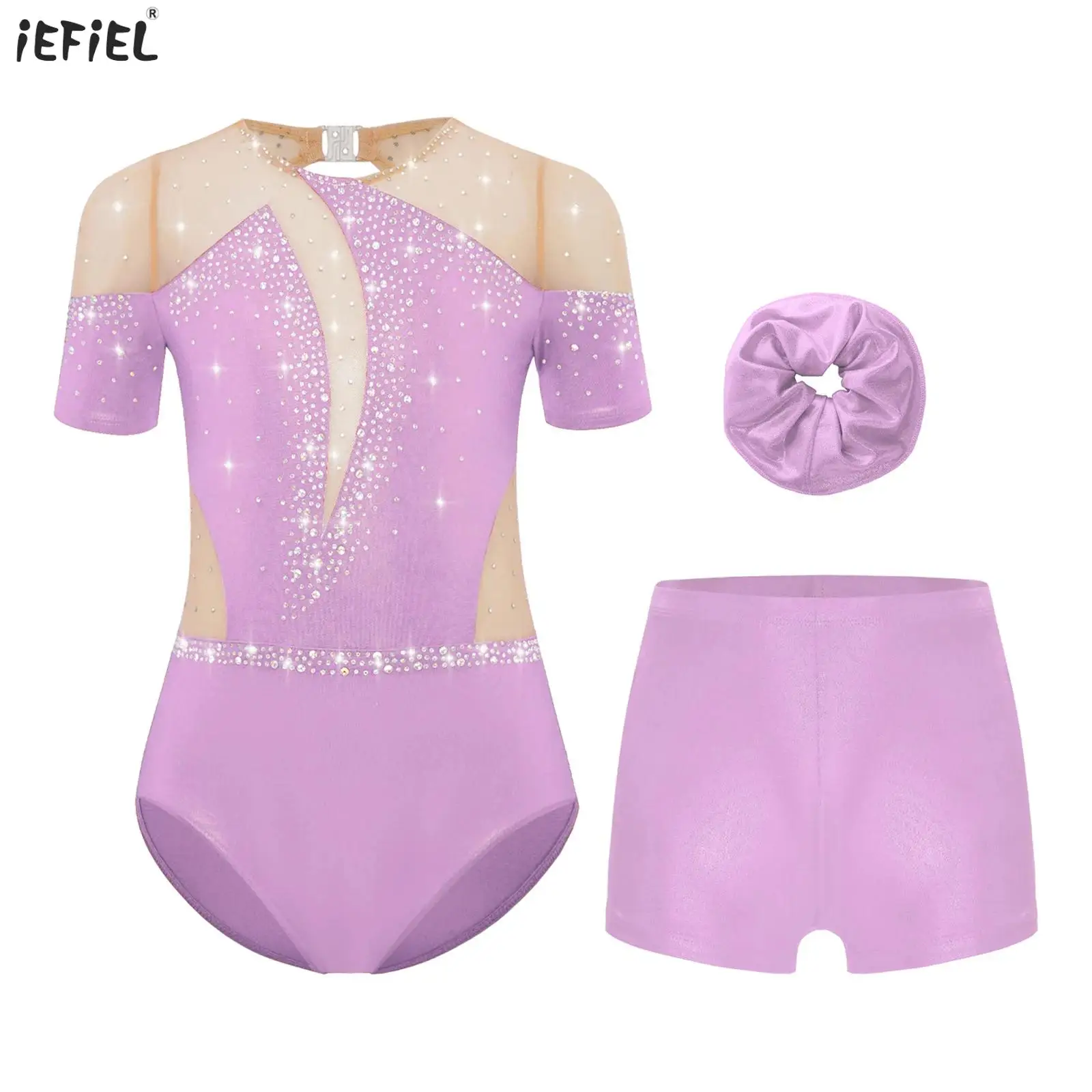 

Kids Girls Acrobatics Gymnastics Figure Skating Dance Outfit Short Sleeve Sheer Mesh Shiny Rhinestones Leotard+Shorts+Hairband