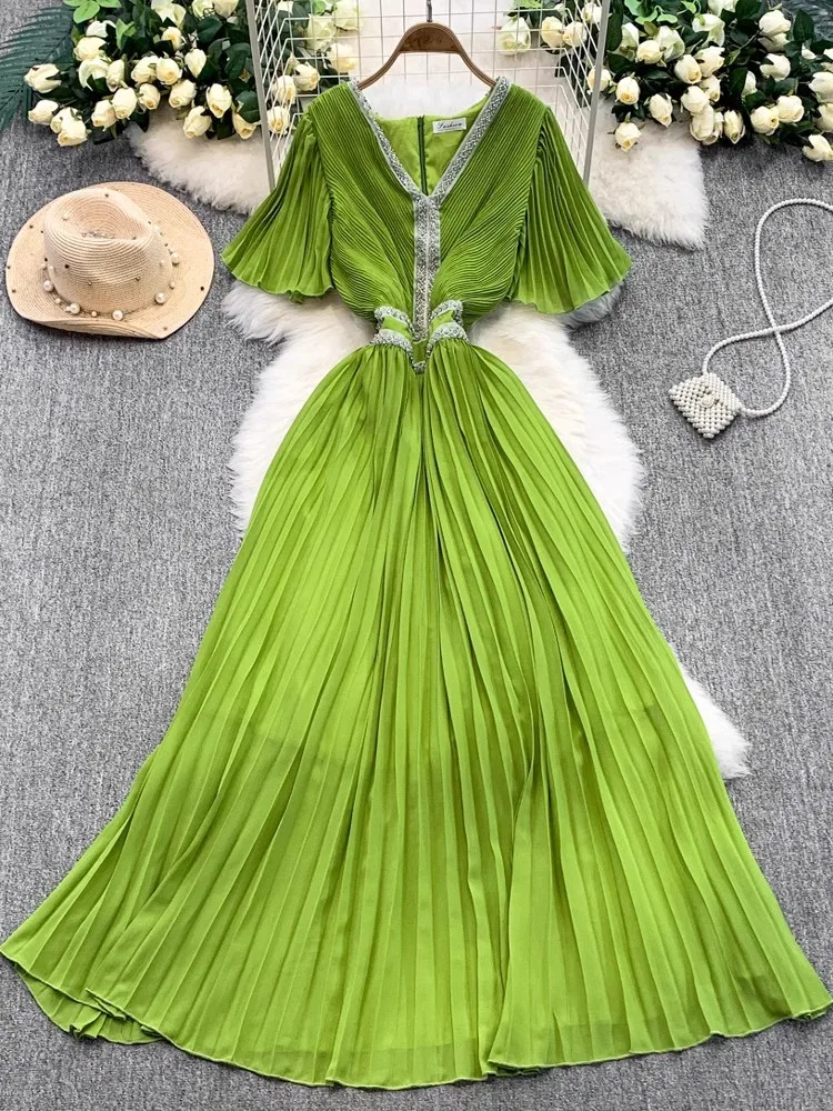 

Элегантное женское зеленое плиссированное длинное платье с v-образным вырезом и короткими рукавами, расшитое бисером, облегающее платье с высокой талией, лето 2025, модное вечернее платье
