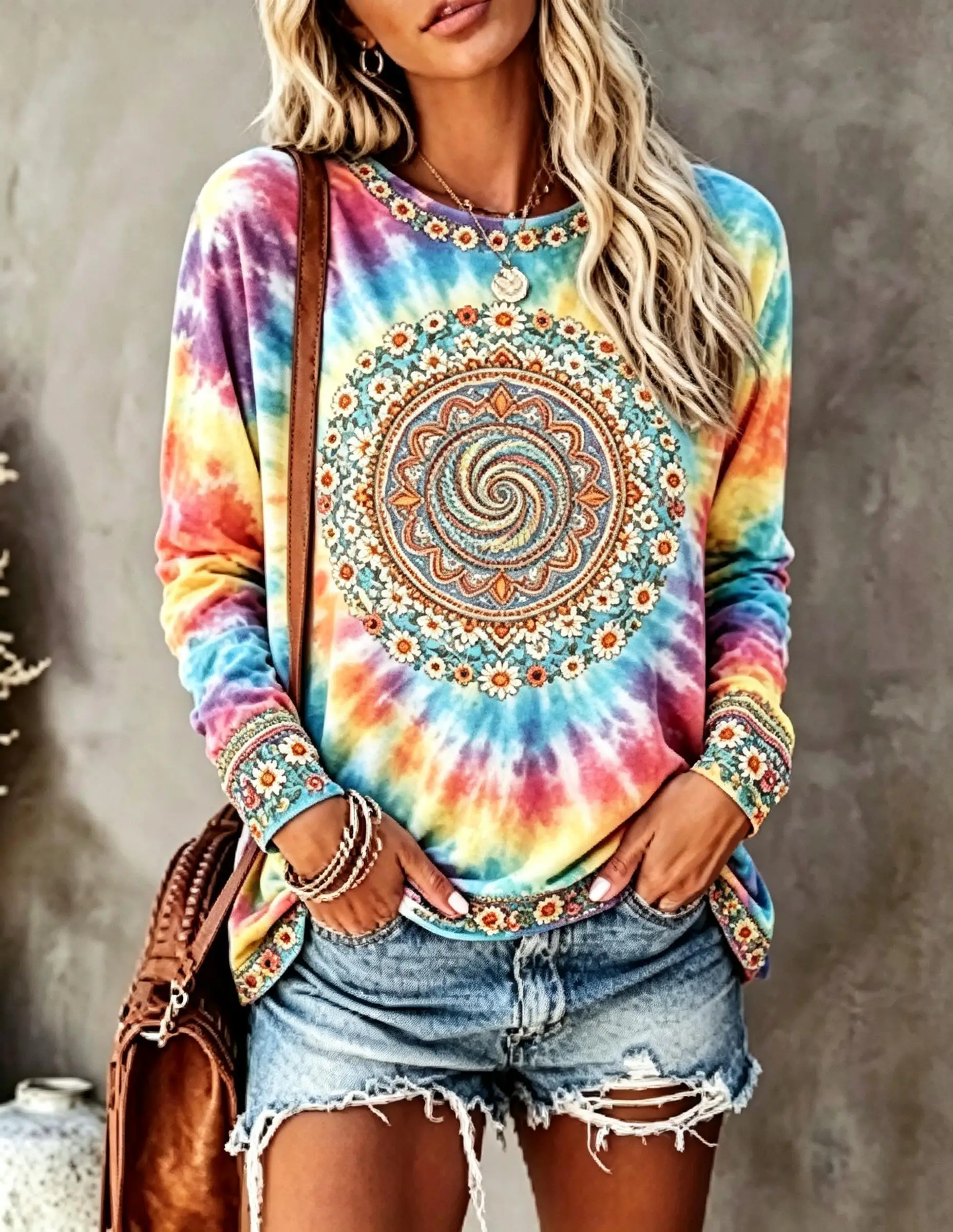 Women Long Sleeve T‑Shirt Tie‑Dye Butterfly Daisy Hippie Print Crew Neck Loose Casual Daily Tops