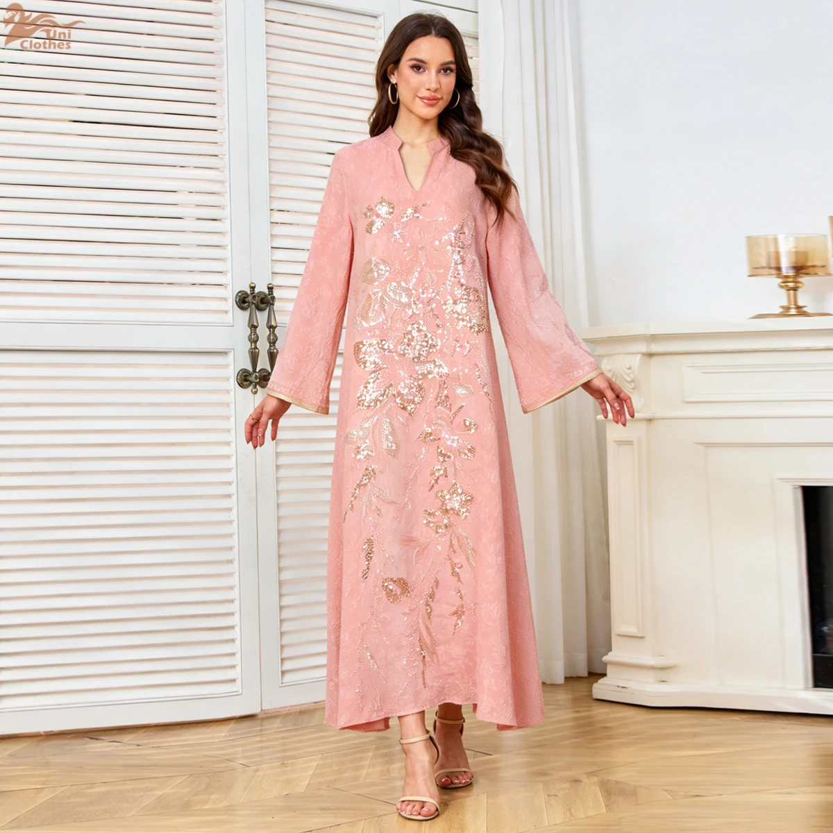 

Платье с цветочной вышивкой Uni Dubai, мусульманский кафтан с бисером, V-образный вырез, пайетки, лоскутный дизайн, абайя, марокканская женская одежда