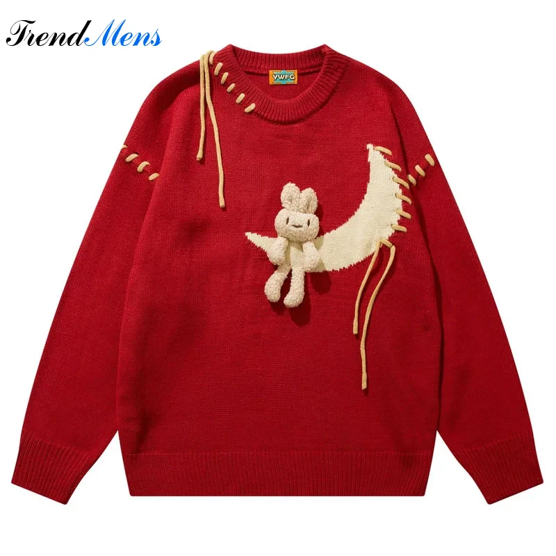 

New Cute Rabbit Fashion Men's Sweater Round Neck Casual Loose Sweater Couple Street Hip-hop Harajuku Pullover Streetwear Ropa