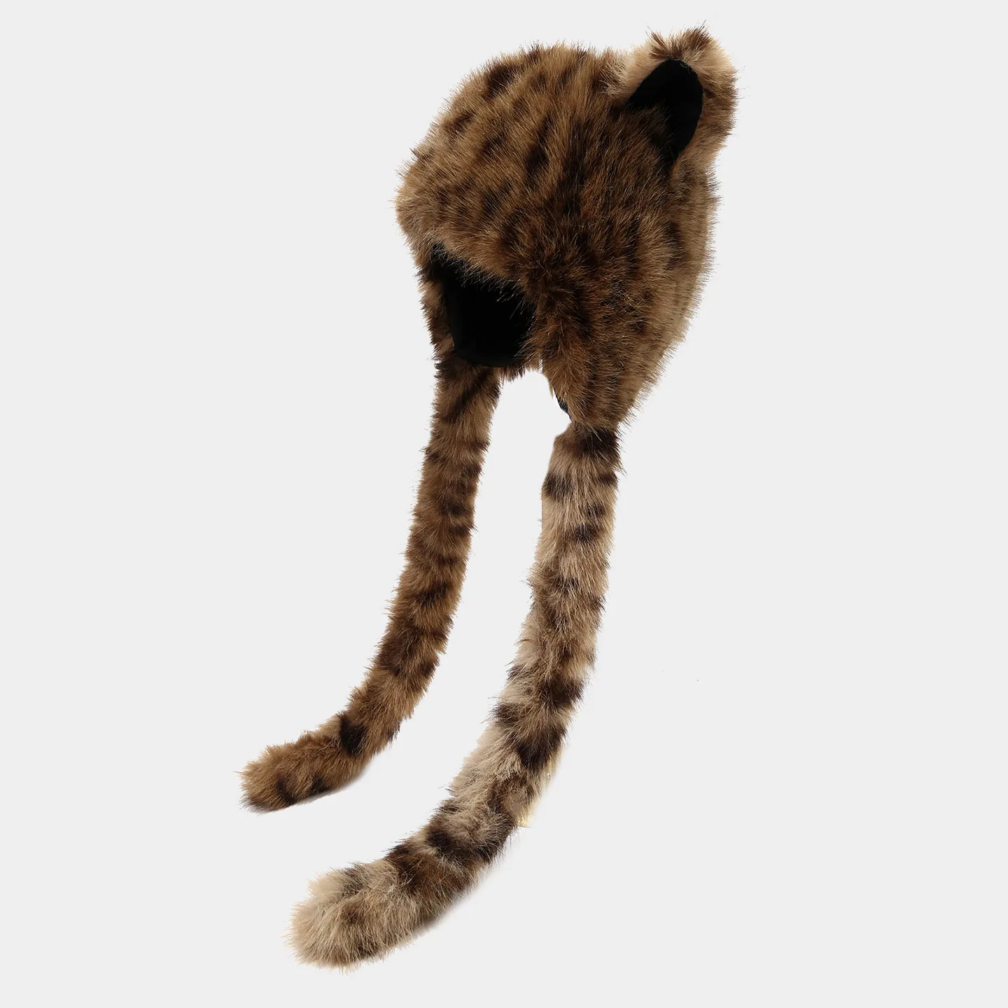 Plush Leopard Print Ear Flap Beanie Hat for Women Winter Warm Long Ear Braid Cap Cute Head Wrap Outdoor