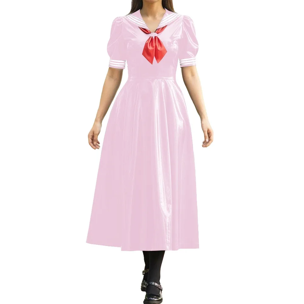 Vinyl PVC Leather Long Sailor Dress with Puff Sleeve Japanese Cosplay Women's School Uniform Halloween Party Role Play Outfits view 5