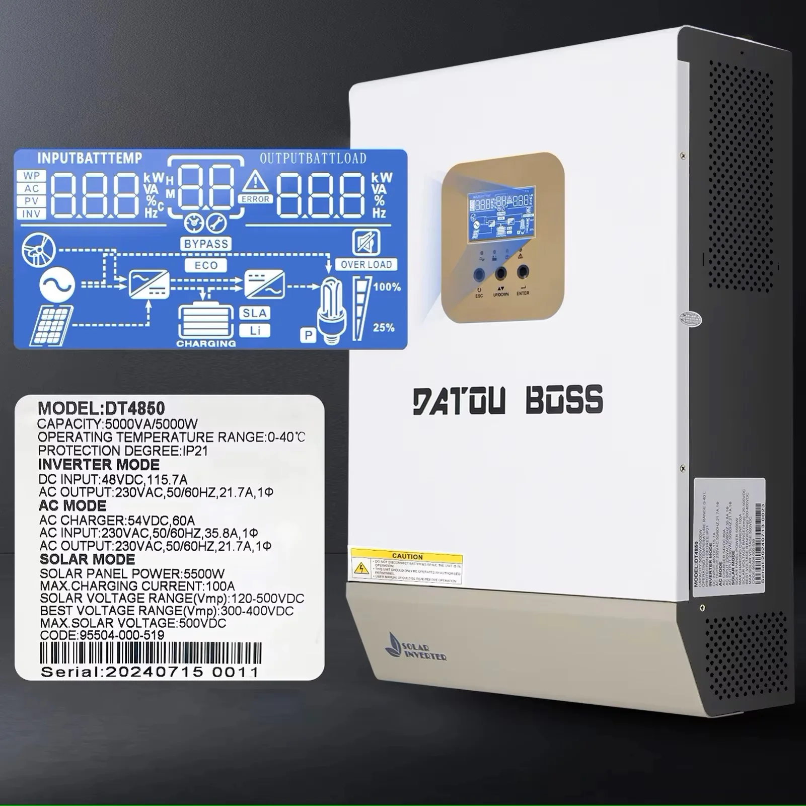 DATOUBOSS new 48V 5000W Solar Hybrid Inverter Supports Battery Charging, Built-in MPPT to Connect PV Panels Intelligent Energy S