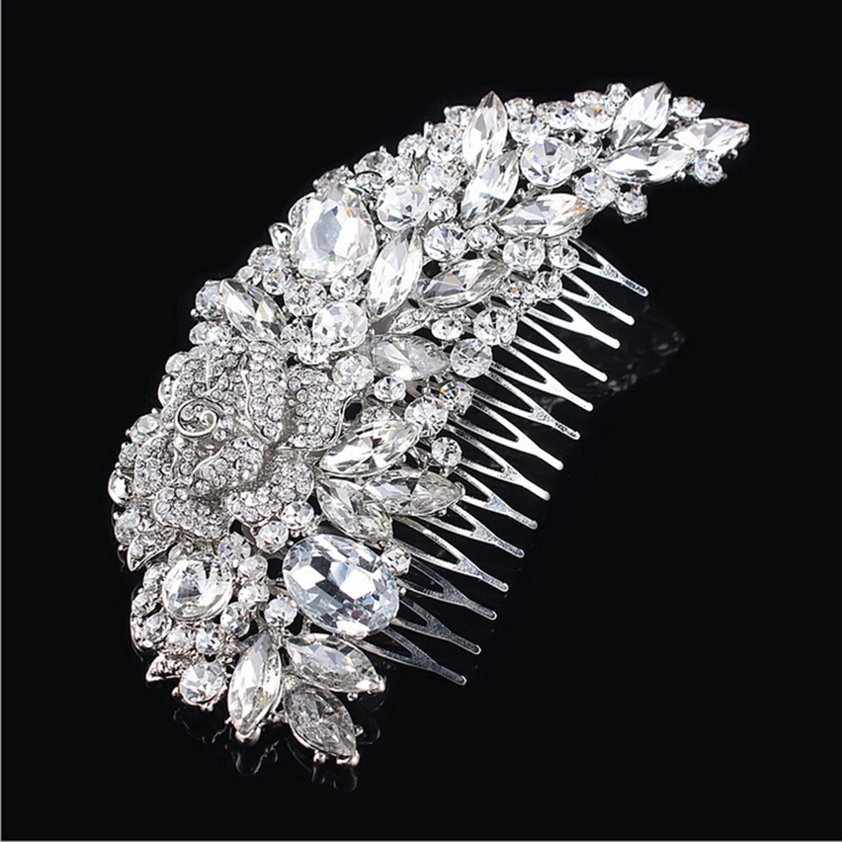 

Comb Women Bridal Wedding Crystal Rhinestones Decor Flower Style Alloy Pin Silver 6.5X12.5Cm Hard Metal