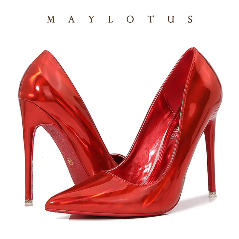 

Laser Red High Heels Point Toe Shoes Sexy 12cm French Fashion Lady Single Shoes Super High Heels For Women