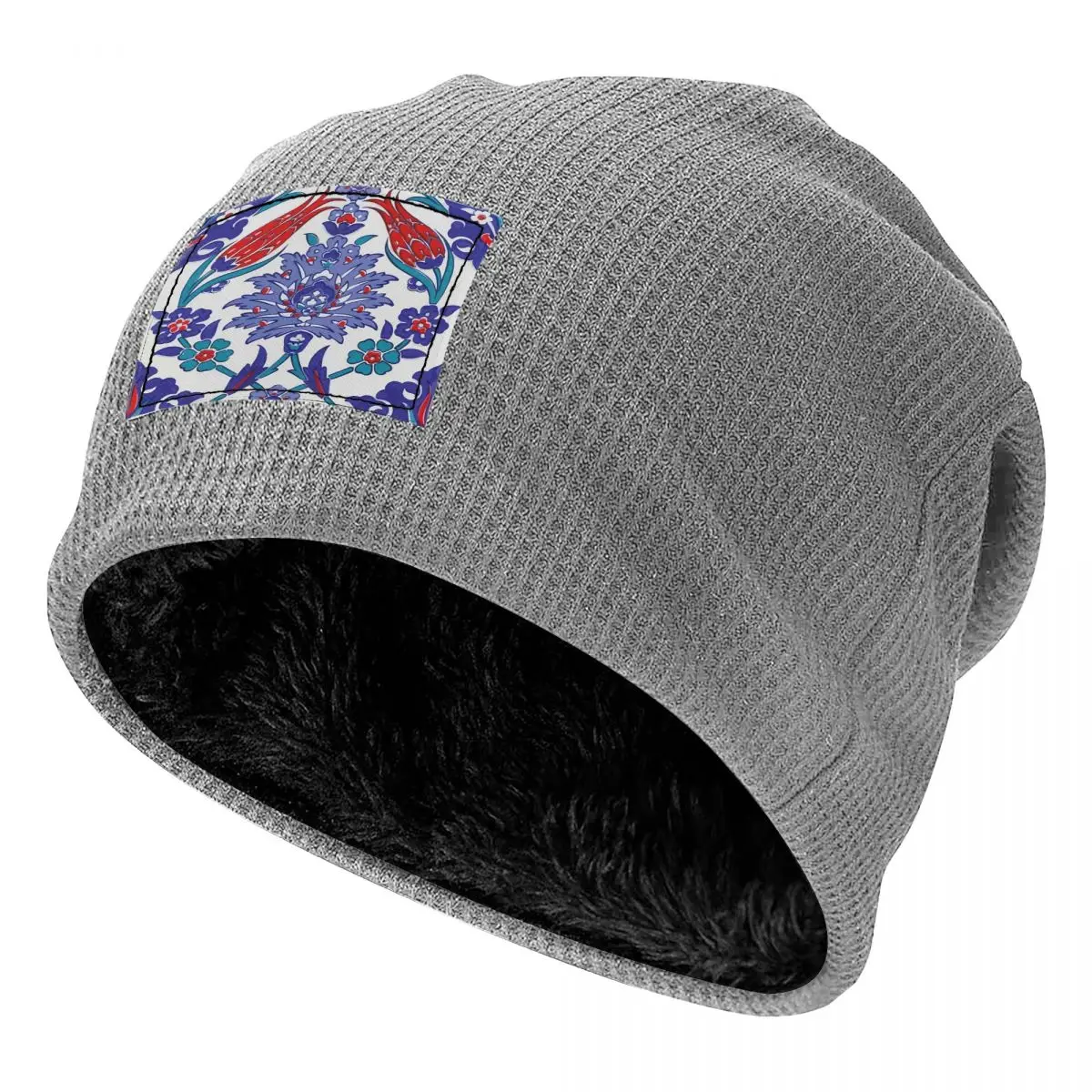 Oriental Tile Floral Pattern Waffle Knit Fleece Lined Beanie with PU Leather Patch Unisex Warm Winter Soft Cap
