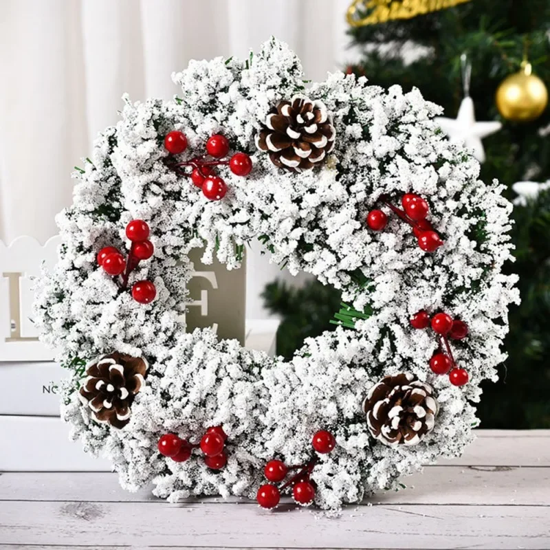 32cm Front Door Christmas Wreath With Christmas Pine Cone Pine Needle Snow Christmas Garland Hanging Wreath Decoration Ornament