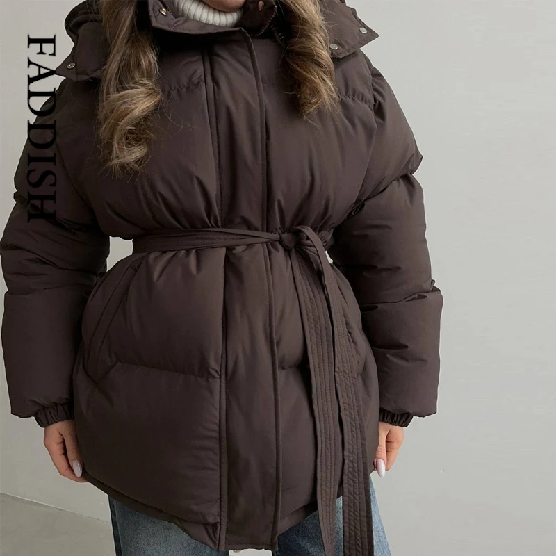 2025 Winter New Fashion With Belt Hooded Thickened Warm Parkas Coat Women Casual Solid Color Mid-Length Jackets Outwear Ladies