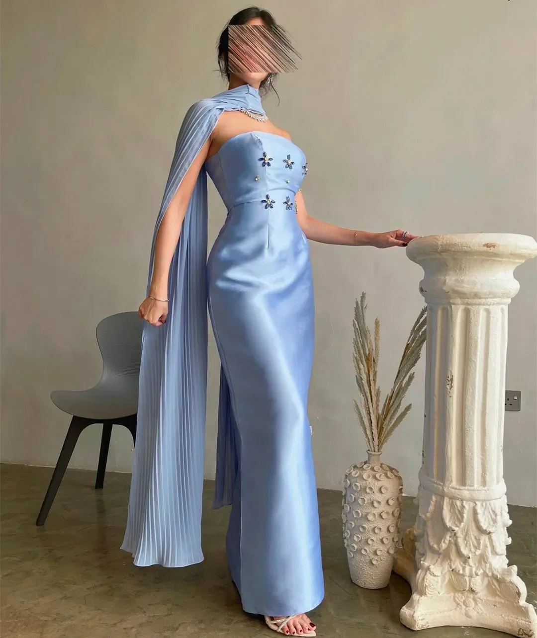 

Customized Elegant Long Blue Satin Crystals d Evening Dresses with Scarf Sheath Strapless Formal Prom Dresses Vestidos de noche