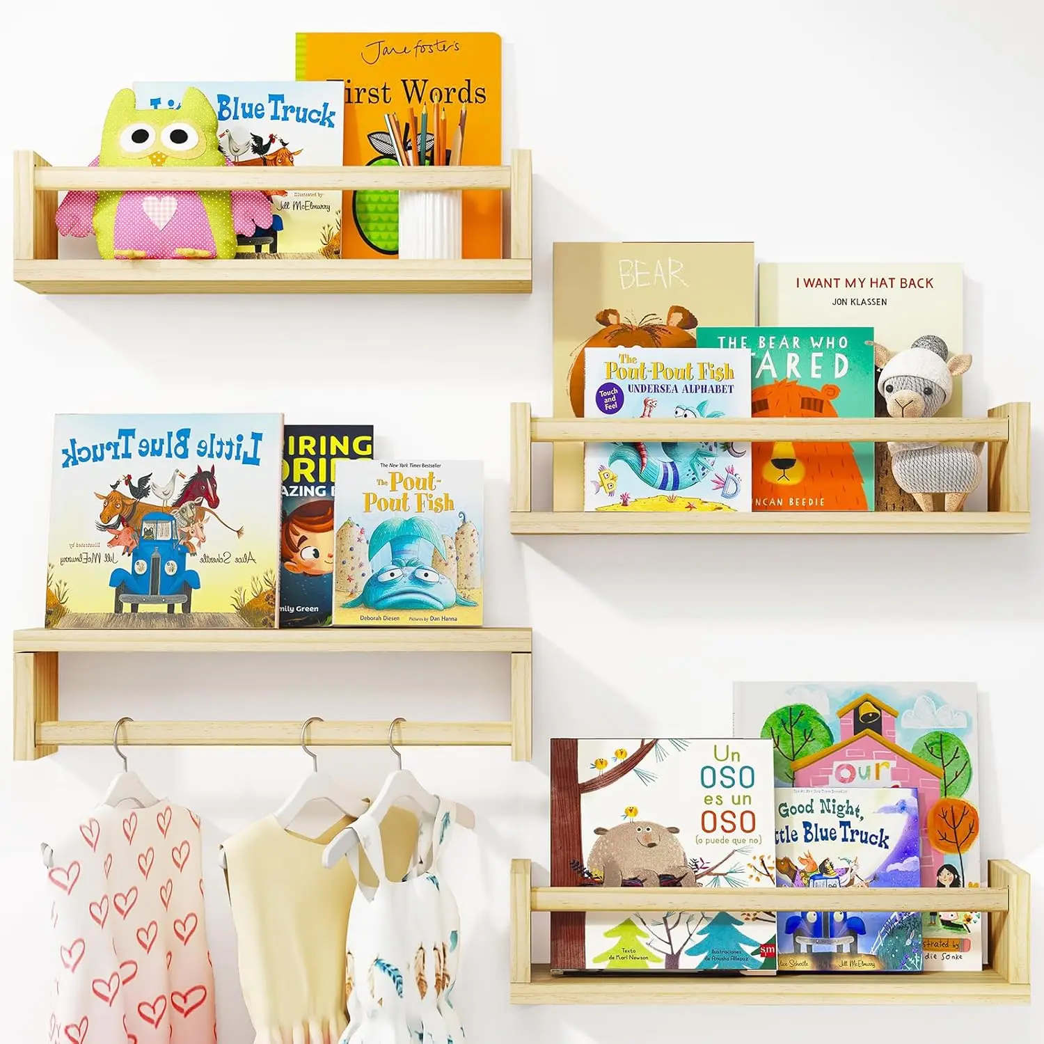 

Nursery Book Shelves, 16.5 Inch Floating Nursery Bookshelves, Set of 4, Solid Wood Wall Mounted Shelves for Books and T