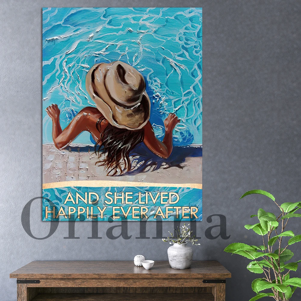 Swimming And She Lived Happily Ever After Girl Swimming Pool Vintage Home Decor Ocean Swimming Canvas Poster Hd Print Wall Art