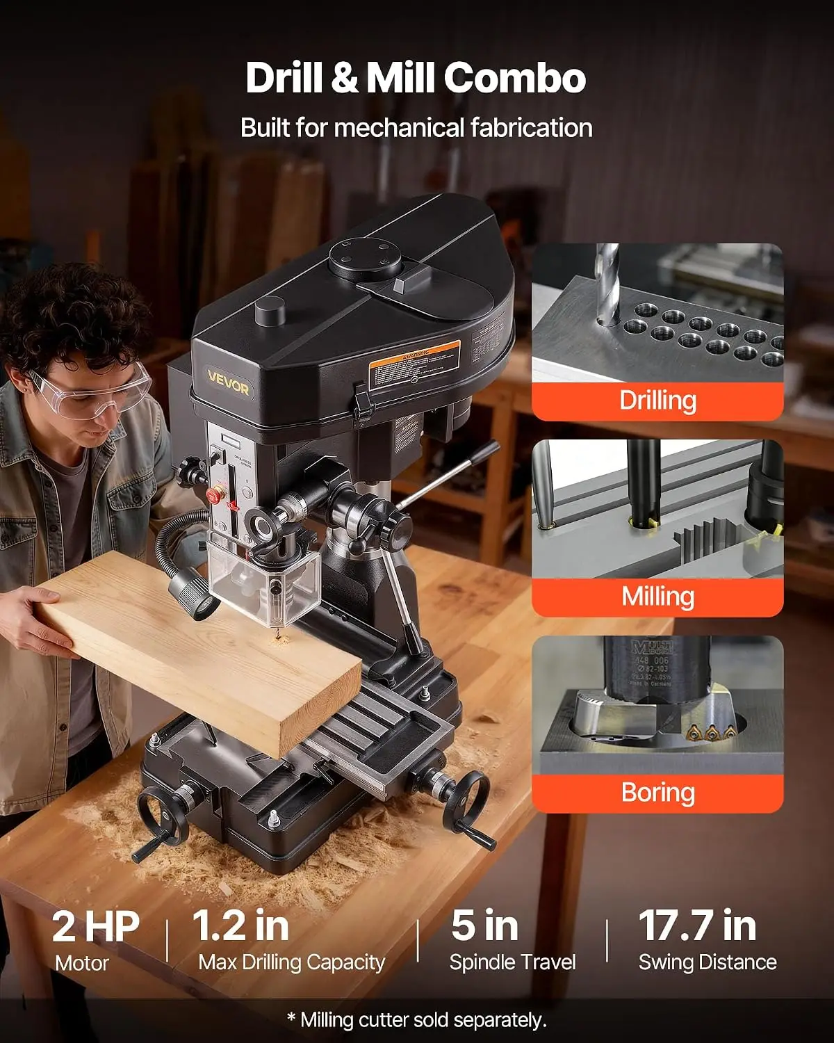 15.875-Inch Mill Drill Machine, 2 HP, Benchtop Milling Drill Press, 150-2560 RPM Adjustable Speed, with Rotating Vise, Laser and