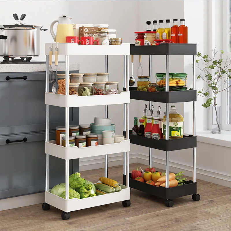 

Storage Rack Movable Bathroom Kitchen Trolley Utility Living Room 3/4Tier Rolling Trolley Shelf Multi-storey Cart