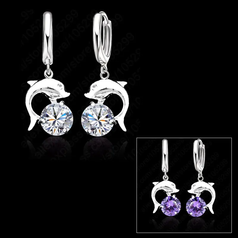 Hot Sale 925 Sterling Silver  Cubic Zirconia Lever Back Loop Earrings Lovely Dolphin Design Jewelry For Woman Girl
