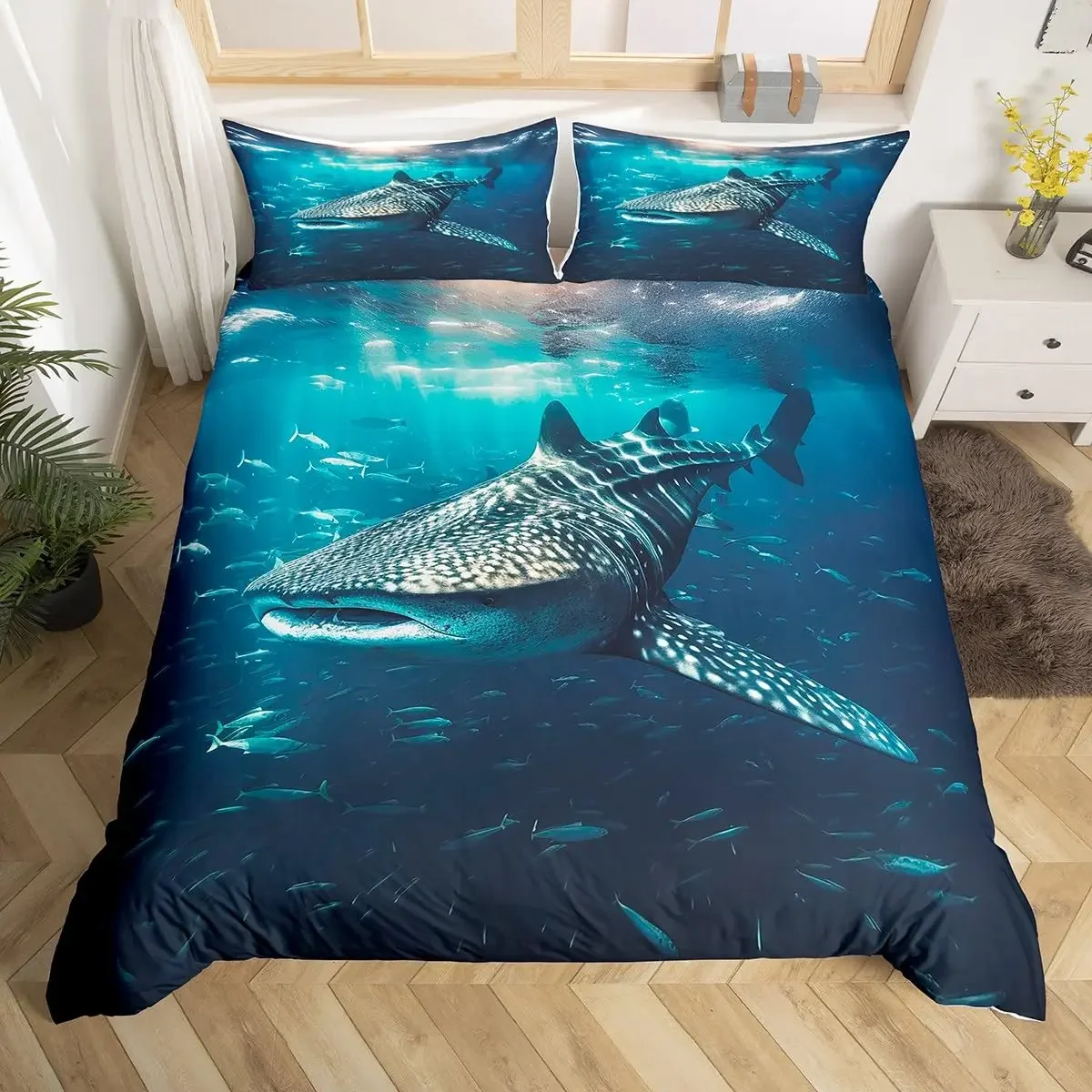 Shark Fish Print Duvet Cover Set Cute Underwater Animals Luxury Soft Bedding Set Children Teens Adults Blue Comforter Cover Sets